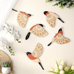 Barydat 5 Pcs Wooden Bird Wall Art Wood Flying Birds Wall Decor Rustic Folk Art Wall Decor Scandinavian Home Decor for Gift Bird Lover Living Room Bedroom Kitchen Office (Orange)