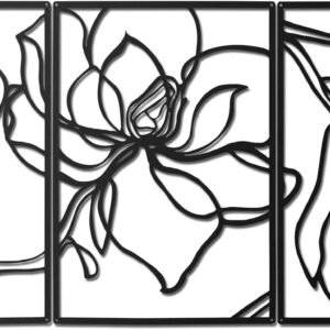 3 Panels Metal Flowers Wall Decor Modern Abstract Nature Floral Line Wall Sculpture Minimalist Decor Metal Home Hanging Wall Art for Home Bedroom Above Bed Wall Decor, 11.8 x 17 Inch (Black)