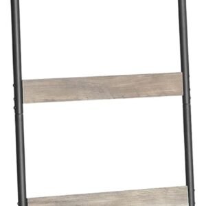 ELYKEN Blanket Ladder for Living Room, Farmhouse 5 -Tier Quilt Holder with 4 Removable Hooks for Bathroom, Wood Towel Rack Display, Wall Anchor Leaning Decorative Stand for Home Decor, White Oak