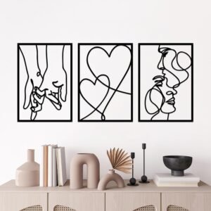 ESTART 3 Pieces Metal Minimalist Line Wall Art, Valentine’s Day Lover Kiss Hand Metal Wall Decor, Aesthetic Modern Home Hanging Wall Art Decor for Bedroom Living Room