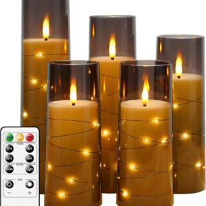 Flameless LED Candles with Timer 5 Pc Flickering Flameless Candles for Romantic Ambiance and Home Decoration Stable Acrylic Shell,with Embedded Star String，Battery Operated Candles（Grey）