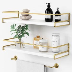 Forbena Floating Bathroom Shelves Wall Mounted, Aesthetic White and Gold Shelves for Bathroom Accessories, Modern Bathroom Organizer with Tower Bar for Wall Decor Storage Small Spaces, Set of 2