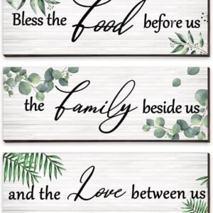 3 Pieces Eucalyptus Greenery Wooden Wall Sign Bless Family Food Love Plaque Botanical Leaf Wood Sign Green Leaves Rustic Sign Plant Porch Decor Farmhouse Hanging Plaque for Home Kitchen Decoration