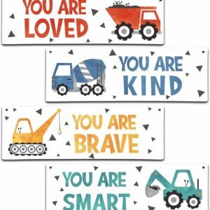 4 Pieces Construction Vehicles Decor Kids Room Wall Decor Wooden Sign – Motivational Wall Art For Kids Room Nursery Playroom Classroom(Sign-01)