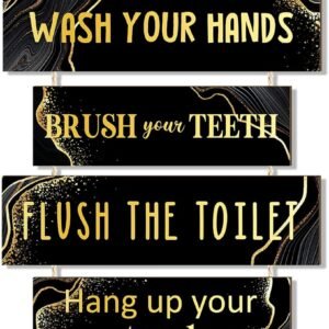 BBTO Bathroom Rules Wall Decor Black and Gold Bathroom Signs Decor Wooden Funny Farmhouse Bathroom Wall Decor Wood Hanging Rustic Bathroom Wall Art Decorations for Laundry Toilet Restroom