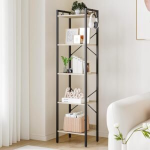 Bookshelf, Book Shelf, Industrial Bookcase with 2 Hooks, Coner Shelf Storage Organizer for Home Office, Living Room, Bedroom, Kitchen, 5-Tier Greige BC10505B