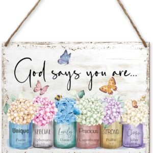 Christian Gift for Women Girls, Inspirational Quotes Bible Verse Bedroom Flowers Pictures Wall Art Hanging Decor，God Says You Are Wood Wall Art (A16)