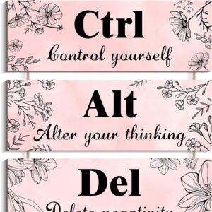 Ctrl Alt Del Wall Decor, Control Yourself Alter Your Thinking Delete Negativity Office Decor Motivational Wall Plaques with Sayings Wooden Wall Hangings for Home Office(brown) (pink)