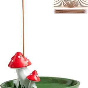 Cute Mushroom Incense Holder with 30 Incense Sticks, Handmade Resin Burner, Nature Theme Incense Tray, Adorable Home Decoration Accessories(Green)