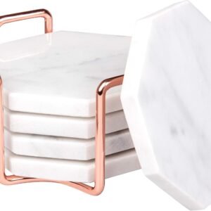 D’Eco White Carrara Marble Coasters & Rose Gold Coaster Holder (Set of 5)- Strong, Stout Coasters – Protects Any Table Type & Fits Any Coffee Mug, Drinking Glass, Barware- Holiday Idea