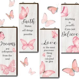 Geelin 4 Pcs Butterfly Wall Decor Butterfly Bathroom Decor Dreams Faith Love Believe Wall Decor Elegant Butterfly Hanging Decor Inspirational Rustic Wall Art Accessories(Pink,10 x 4 Inch)