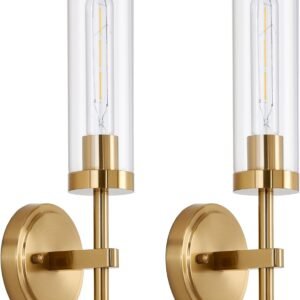 Gold Wall Sconces Set of 2, Modern Bathroom Sconces Wall Lighting Vanity Light Fixtures with Clear Glass, Brushed Brass Wall Mount Lights for Living Room Corridor Mirror Bedroom Stairs