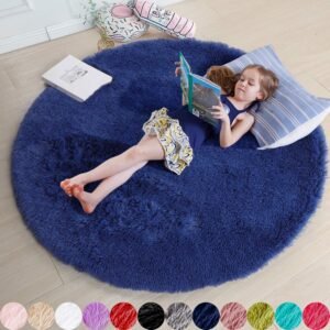 Navy Blue Rug for Bedroom,Fluffy Circle Rug 5’X5′ for Kids Room,Furry Carpet for Teen’s Room,Shaggy Circular Rug for Nursery Room,Fuzzy Plush Rug for Dorm,Indigo Carpet,Cute Room Decor for Baby