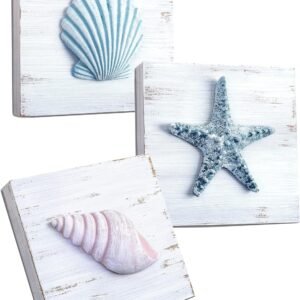 TideAndTales 3D Beach Wall Art – Seashell Decor with Starfish for Beach Bathroom Decor, Ocean Inspired Beach Decor for Bathroom, Coastal Bedroom, Living Room or Beach House, Set of 3 (6”x 6”)