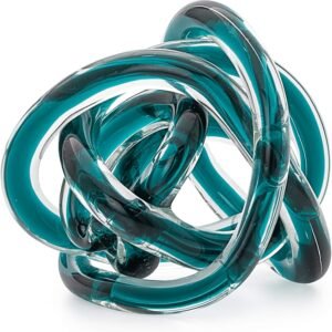 Torre & Tagus Orbit Hand Blown Glass Infinity Knot Sculpture – 3 Inch Glass Art Teal Knot Decor Ball for Home Decor, Small Centerpiece Table Decoration for Home Interior (Clear Teal)