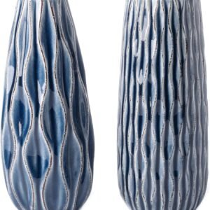 VICTOR & TERESA Ceramic Vase for Flowers, 9.5” Set of 2 Decorative Vintage Blue Vases for Home Decor, Farmhouse Vases for Pampas Grass, Table, Mantel, Living Room, Shelf, Centerpieces, Gifts for Mom