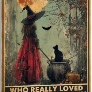 Vintage Halloween Decor Once Upon A Time Sign Witchy Bedroom Decoration Witch Black Cat Decor Gothic Bathroom Wall Art Women Cat Lovers Gifts Metal Signs 12×8 Inches