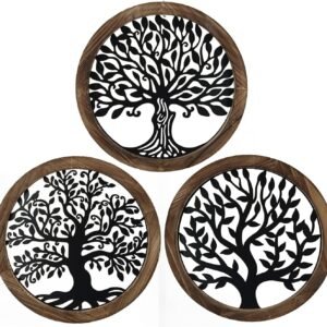 crossmoon Tree of Life Wooden Wall Art Decor Wall Sculpture Hollowed Out Metal Tree Wall Hanging Sign Decoration Supplies 11Inch 3 Packs