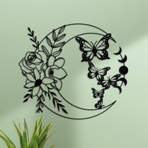 ruelen Moon Butterfly Metal Wall Decor Boho Wall Art Floral Boho Wall Hanging Home for Indoor Living Room Bedroom Bathroom Outdoor Garden Yard Fence Farmhouse Decoration (Moon Butterflies)