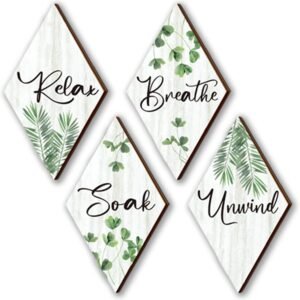 4 Pcs Green Wall Decor Farmhouse Bathroom Decors Relax Soak Unwind Breathe Wooden Sign Green Hanging Wall Art Green Accessories for Bedroom Living Room Office Vintage Decorations(Green Leaves 12×7″)