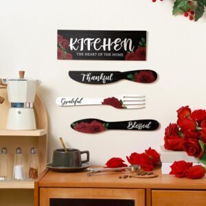 4 Pieces Red Rose Kitchen Decor Red Rose Kitchen Sign Set Wooden Kitchen Knife Fork Spoon with Thankful Grateful Blessed Hanging Sign Rustic Red Kitchen Wall Decor for Wedding Decoration