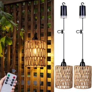 Battery Operated Chandelier, Battery Hanging Pendant Light, Rattan Lights with Warm White Bulb, 4*AA Battery Powered, for Gazebo Pergola Porch Patio Outdoor Indoor Decor