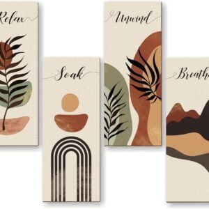 Boho Bathroom Decor Sign Minimalist Bathroom Wall Art Relax Soak Unwind Breathe Wooden Hanging Wall Art for Farmhouse Home Restroom Living Room 13.7×4.7 in 4Pcs