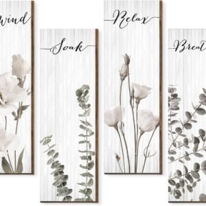 Boho Botanical Bathroom Wall Decor Relax Soak Unwind Breathe Bathroom Wall Wooden Sign Minimalist Floral Bathroom Wall Arts for Home Bathroom Washroom Laundry Room Wall Decorations (11 x 3.5 Inch)