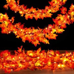 Fall Decorations for Home 9FT Plug in Thanksgiving Lights Lighted Fall Garland 50 Bulbs Maple Leaves Lights, Connectable Fall Lights for Indoor Outdoor Halloween, Thanksgiving, Holidays Decorations