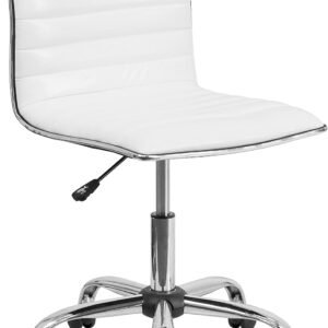 Flash Furniture Alan Low-Back Ribbed Upholstered Vinyl Swivel Desk Chair with Padded Seat, Modern Adjustable Height Padded Office Chair, White