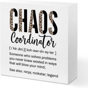 Humorous Chaos Coordinator Gifts Office Decor, Leopard Chaos Coordinator Wooden Box Sign, Thank You Gifts, Home Farmhouse Table Shelf Desk Decor Accessories, Appreciation Gifts for Coworkers Colleague