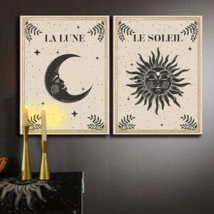 Geetery 2 Pcs Celestial Moon and Sun Wall Decor Wood Tarot Cards Boho Witchy Wall Decor Wooden Hanging Wall Art Mystic Astrology Witchy Decor for Home Bedroom Living Room Gallery, No Frame