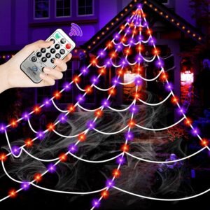 Halloween Decorations Outdoor, 220 LED Halloween Giant Spider Web Lights, 16.4Ft Lighted Spider Web Light up with 8 Lighting Modes Waterproof Timer for Yard Haunted House Decor, Purple Orange