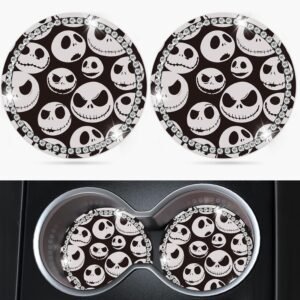 Jupswan Car Cup Holder Coaster 2 Pack Cute Funny Halloween Cartoon Skull Bling Silicone New Automotive CupHolder Accessories Interior Decor Decorations for Women