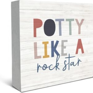 SRADMO Kid’s Bathroom Quote Potty Like a Rock Star Wood Box Sign Desk Decor, Funny Bathroom Wooden Block Box Sign Decoration For Children Restroom Toilet Shelf Table Decor