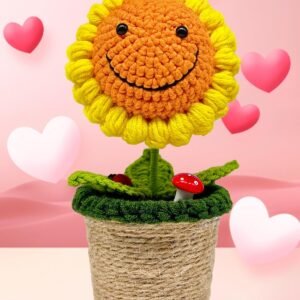 Sunflower Gifts for Women, Eternal Sunflower Car Accessories, Crochet Artificial Sunflower Potted for Home Office Decor, Her Mom Birthday Christmas Valentines Day Gifts (6.7in)