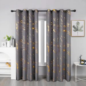 Taisier Home Gold Foil Print Linen Textured Curtains Geometric Marble Pattern Design Curtains for Living Room Light Filtering Window Treatment 2 Panels 72″ L,Soft Grey and Gold Curtains Print