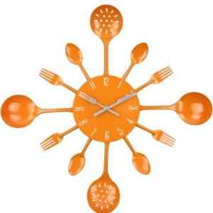 Timelike Wall Clock, 16″ Metal Kitchen Cutlery Utensil Spoon Fork Wall Clock Creative Modern Home Decor Old-fashioned Style Wall Watch (Orange)