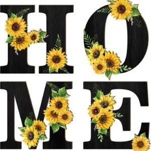 Wood Home Sign Kitchen Decor Sunflower Wall Decor 4 Pcs Flower Signs Home Letters Hanging Wall Decor Art Signs for Living Room Kitchen Bedroom Entryway House(Black)