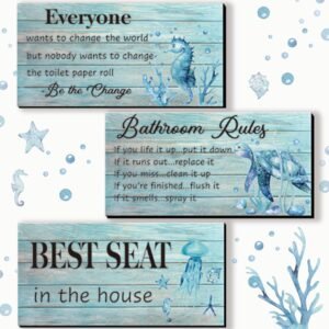 3 Pieces Bathroom Wall Decor Teal Bathroom Rules Sea Turtle Wall Art Funny Ocean Beach Bathroom Rules Signs Best Seat in The House Bathroom Sign for Bathroom Toilet Wall Decor (Teal Turtle 10×5 inch)