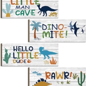 4 Pcs Dinosaur Room Bedroom Decor Boys Dinosaur Wall Decor, Motivational Quote Wood Dinosaur Decorations Hanging Sign Prints Plaques for Boy Kids Nursery Playroom (Simple Style)