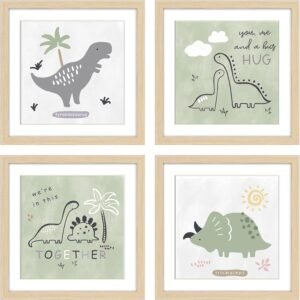 ArtbyHannah 4 Pack 10×10 Inch Framed Baby Nursery Wall Art Decor with Green and Gray Decorative Adorable Dinosaurs Art Prints for Kids Bedroom, Playroom, Nursery Room Decoration