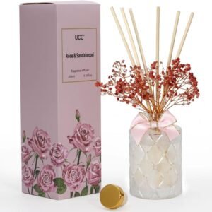 UCC Premium Reed Diffuser Set with Preserved Flower Reed Sticks, 6.76 fl oz Rose & Sandalwood Scented Room Diffuser Home Fragrance Imperative Oil Reed Diffuser for Bedroom Bathroom Home Décor Office