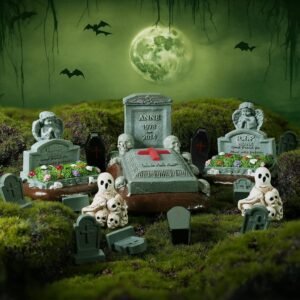 Warmtree 19 Pcs Halloween Miniature Tombstones Halloween Village Accessories Mini Tombstones Miniature Figurines Multiple Sizes Multicolor Resin Figurines for Diorama Outdoor Home Decor