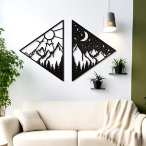 Zzbakress 2 PCS Sun and Moon Wall Art Natural Wall Decor Day and Night Wall Decor Mountain and Forest Wall Hanging Decor Farmhouse Wall Sculpture for Living Room Bedroom Kitchen (Farmhouse, triangle)