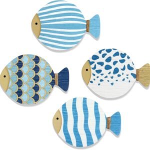 Zzbakress 4 Ps Vintage Beach Wall Decor Wooden Fish Nautical Wall Art Coastal Wall Art Blue Fish Wall Sculpture Lake House Hanging Decor Ocean Room Decor for Bathroom Bedroom (Cute, 4)