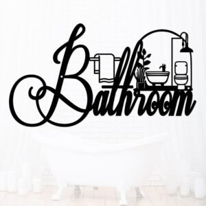 bathroom decor wall art metal word sign for home bathrooms decor farmhouse bathrooms decor, 15″ x 9″ funny bathroom sign wall decor for bathroom decorations (matte black)