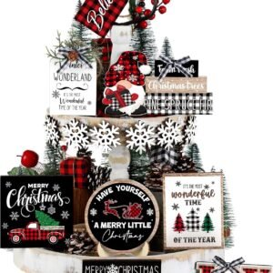 15 Pcs Christmas Tiered Tray Decor Red and Black Buffalo Plaid Christmas Decor Merry Christmas Snowflake Xmas Tree Gnome Truck Wooden Signs Farmhouse Christmas Decor for Home Table Shelf