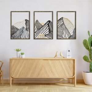 3 Pcs Mountain Decor Living Room Art, Mountain Wood Wall Art for Living Room Abstract Framed Mountain Line Wall Decor for Bedroom Office