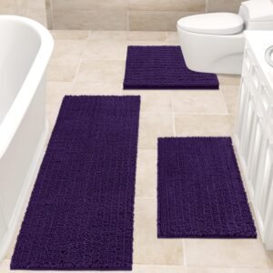 ACCUMTEK Upgrade Extra Large Dim Purple Bathroom Rug Set 3 Pieces Ultra Pliable, Chunky Absorbent Bath Mats, Non Slip Chenille Toilet Mat for Bathroom, Bedroom, Kitchen, Egglant